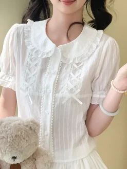 Sweet Lolita Blouses Lolita Top Ecru White Short Sleeves Bows Ruffles Lolita Shirt