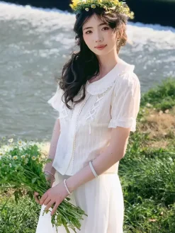 Sweet Lolita Blouses Lolita Top Ecru White Short Sleeves Bows Ruffles Lolita Shirt