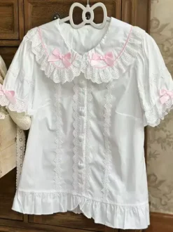 Sweet Lolita Blouses Lolita Top Pink Short Sleeves Ruffles Bows Color Block Lolita Shirt