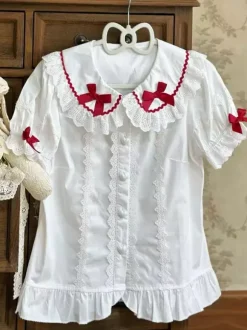 Sweet Lolita Blouses Lolita Top Pink Short Sleeves Ruffles Bows Color Block Lolita Shirt