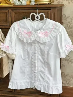 Sweet Lolita Blouses Lolita Top Pink Short Sleeves Ruffles Bows Color Block Lolita Shirt