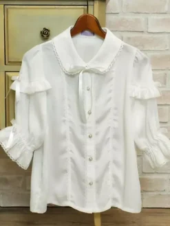 Sweet Lolita Blouses Lolita Top Bows Ruffles Half Sleeves Blouse White Lolita Shirt