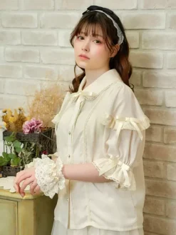 Sweet Lolita Blouses Lolita Top Bows Ruffles Half Sleeves Blouse White Lolita Shirt