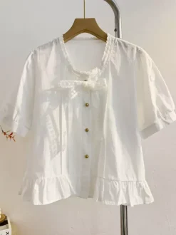 Sweet Lolita Blouses Ruffles Bows Short Sleeves Blouse Lolita Top Light Sky Blue Lolita Shirt