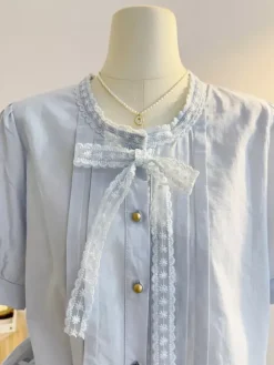 Sweet Lolita Blouses Ruffles Bows Short Sleeves Blouse Lolita Top Light Sky Blue Lolita Shirt