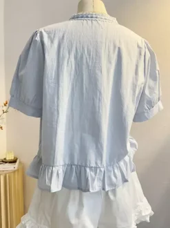 Sweet Lolita Blouses Ruffles Bows Short Sleeves Blouse Lolita Top Light Sky Blue Lolita Shirt