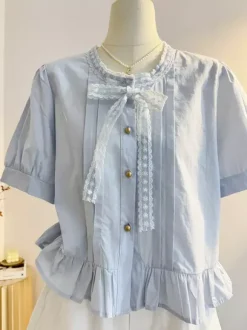 Sweet Lolita Blouses Ruffles Bows Short Sleeves Blouse Lolita Top Light Sky Blue Lolita Shirt