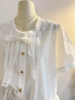 Sweet Lolita Blouses Ruffles Bows Short Sleeves Blouse Lolita Top Light Sky Blue Lolita Shirt