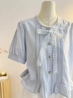 Sweet Lolita Blouses Ruffles Bows Short Sleeves Blouse Lolita Top Light Sky Blue Lolita Shirt