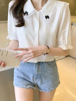 Sweet Lolita Blouses White Lolita Top Short Sleeves Bows Lace Lolita Shirt