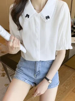 Sweet Lolita Blouses White Lolita Top Short Sleeves Bows Lace Lolita Shirt