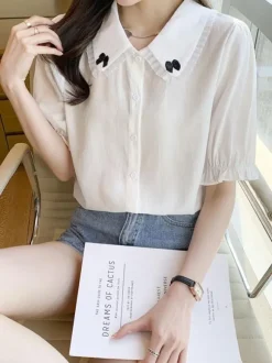 Sweet Lolita Blouses White Lolita Top Short Sleeves Bows Lace Lolita Shirt