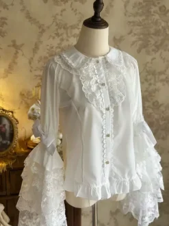 Sweet Lolita Blouses White Long Sleeves Lace Bows Lolita Top Lolita Shirt