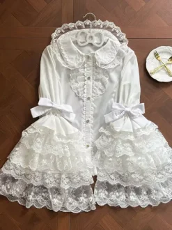 Sweet Lolita Blouses White Long Sleeves Lace Bows Lolita Top Lolita Shirt