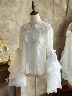 Sweet Lolita Blouses White Long Sleeves Lace Bows Lolita Top Lolita Shirt