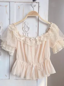 Sweet Lolita Blouses White Short Sleeves Ruffles Bows Lolita Top Lace Lolita Shirt