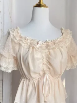 Sweet Lolita Blouses White Short Sleeves Ruffles Bows Lolita Top Lace Lolita Shirt