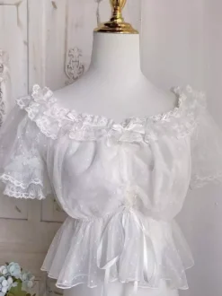 Sweet Lolita Blouses White Short Sleeves Ruffles Bows Lolita Top Lace Lolita Shirt