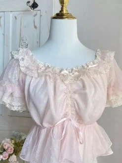 Sweet Lolita Blouses White Short Sleeves Ruffles Bows Lolita Top Lace Lolita Shirt