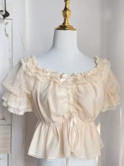 Sweet Lolita Blouses White Short Sleeves Ruffles Bows Lolita Top Lace Lolita Shirt