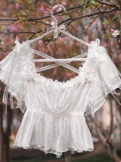 Sweet Lolita Blouses White Short Sleeves Lolita Top Bows Ruffles Lolita Shirt