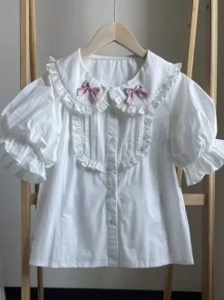Sweet Lolita Blouses White Short Sleeves Ruffles Bows Lolita Top Lolita Shirt