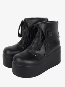 Sweet Lolita Boots Black Applique Floral Print Round Toe PU Leather Lolita Footwear