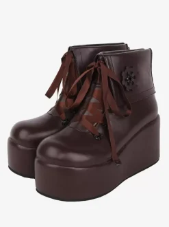 Sweet Lolita Boots Black Applique Floral Print Round Toe PU Leather Lolita Footwear