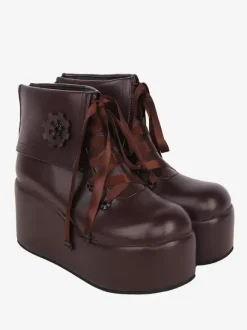 Sweet Lolita Boots Black Applique Floral Print Round Toe PU Leather Lolita Footwear