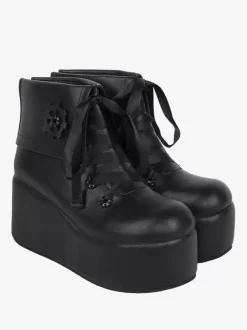 Sweet Lolita Boots Black Applique Floral Print Round Toe PU Leather Lolita Footwear