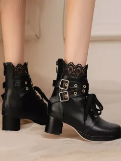 Sweet Lolita Boots Black Bows Round Toe PU Leather Lolita Shoes