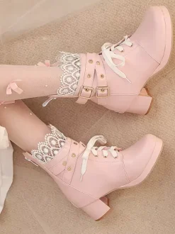 Sweet Lolita Boots Black Bows Round Toe PU Leather Lolita Shoes