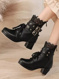 Sweet Lolita Boots Black Bows Round Toe PU Leather Lolita Shoes