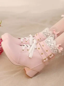 Sweet Lolita Boots Black Bows Round Toe PU Leather Lolita Shoes