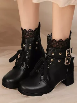 Sweet Lolita Boots Black Bows Round Toe PU Leather Lolita Shoes