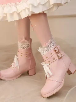 Sweet Lolita Boots Black Bows Round Toe PU Leather Lolita Shoes