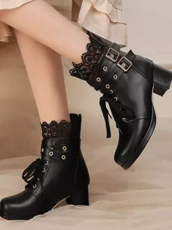 Sweet Lolita Boots Black Bows Round Toe PU Leather Lolita Shoes