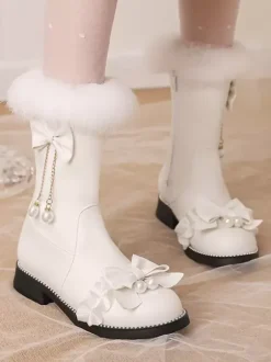 Sweet Lolita Boots Black Bows Round Toe PU Leather Lolita Footwear