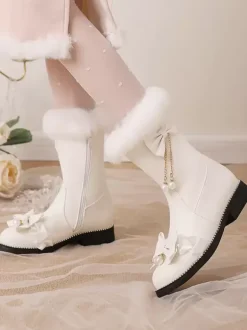 Sweet Lolita Boots Black Bows Round Toe PU Leather Lolita Footwear
