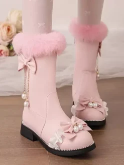 Sweet Lolita Boots Black Bows Round Toe PU Leather Lolita Footwear
