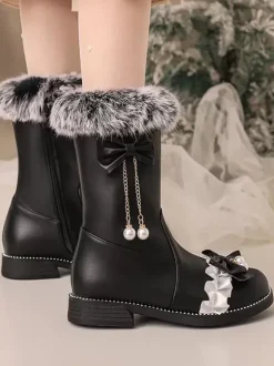 Sweet Lolita Boots Black Bows Round Toe PU Leather Lolita Footwear
