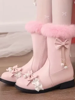 Sweet Lolita Boots Black Bows Round Toe PU Leather Lolita Footwear
