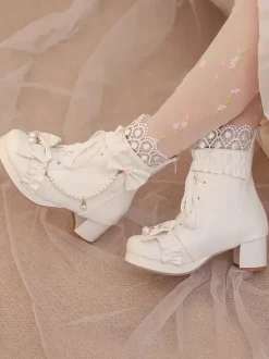 Sweet Lolita Boots Black Bows Round Toe PU Leather Lolita Footwear