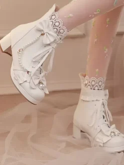 Sweet Lolita Boots Black Bows Round Toe PU Leather Lolita Footwear
