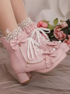 Sweet Lolita Boots Black Bows Round Toe PU Leather Lolita Footwear