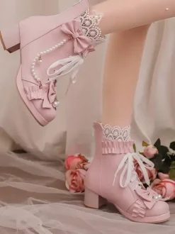 Sweet Lolita Boots Black Bows Round Toe PU Leather Lolita Footwear