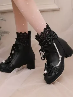 Sweet Lolita Boots Black Bows Round Toe PU Leather Lolita Footwear