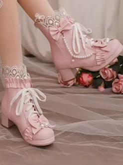 Sweet Lolita Boots Black Bows Round Toe PU Leather Lolita Footwear