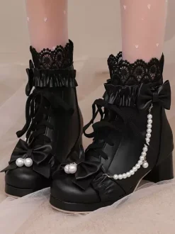 Sweet Lolita Boots Black Bows Round Toe PU Leather Lolita Footwear