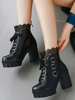 Sweet Lolita Boots Black Lace Round Toe Leather Chunky Heel Lolita Footwear